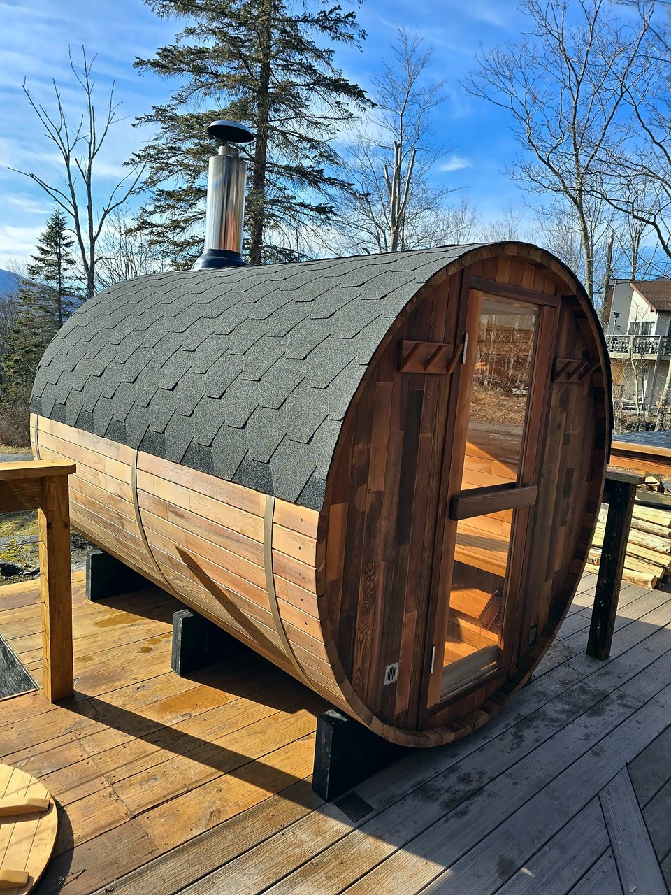 Barrel sauna on a cedar deck, 2024