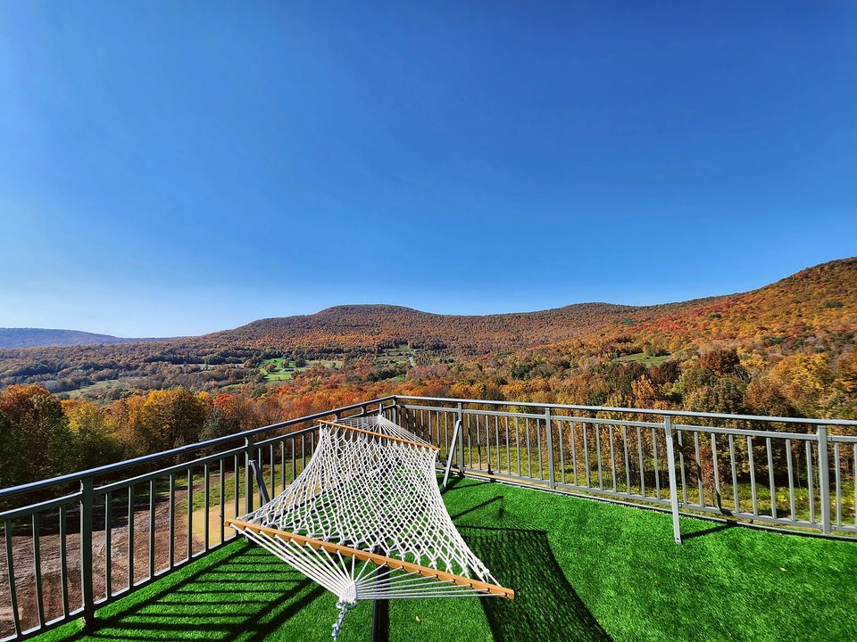 Rooftop terrace: hammock and the Catskills in autumn