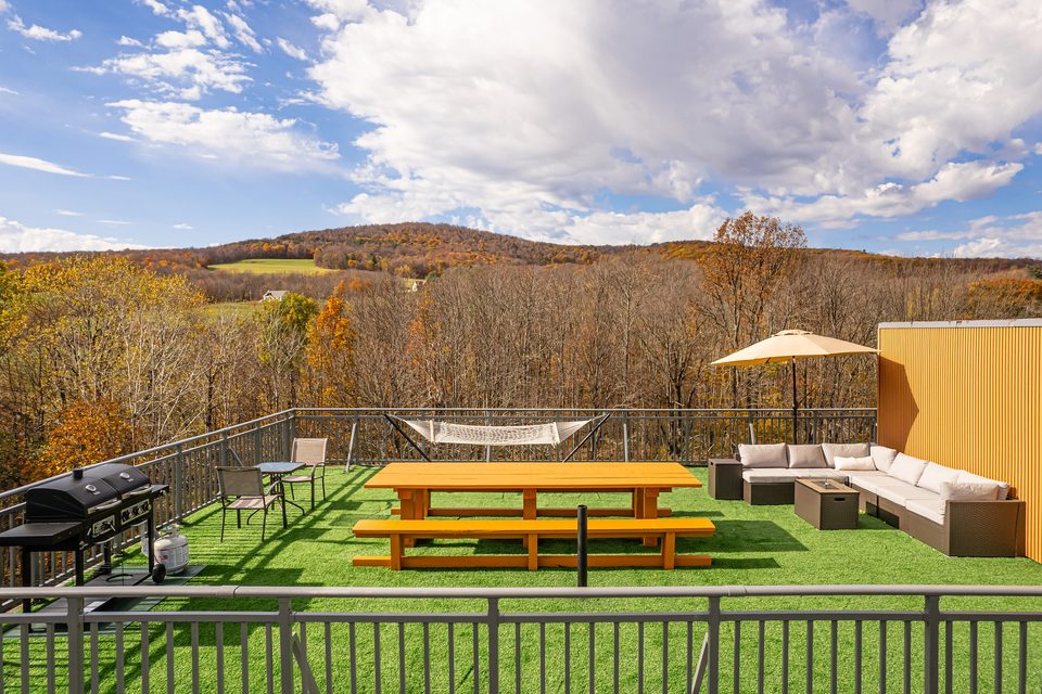 Rooftop deck with turf, dining and lounge seating