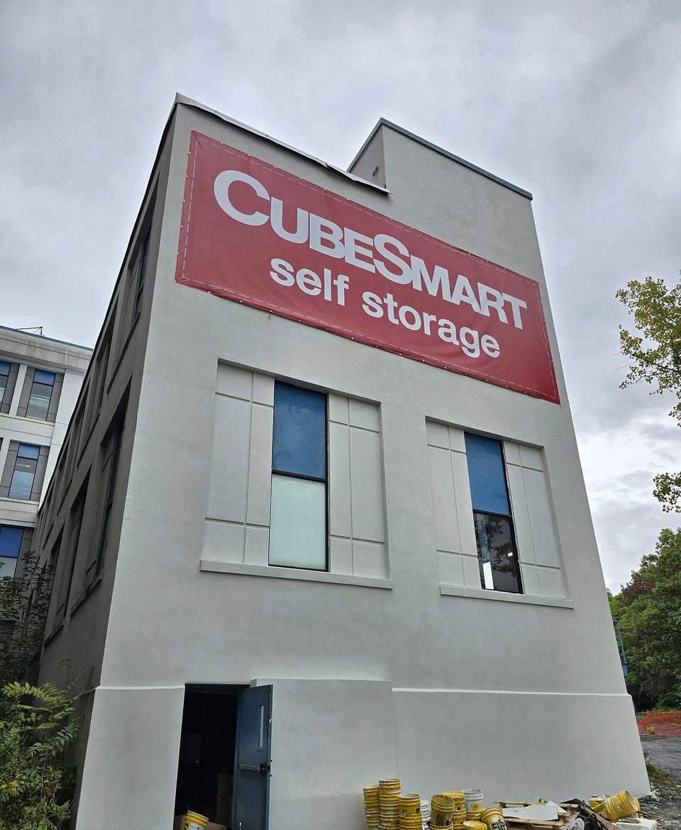 Self-storage conversion, Schenectady: corner elevation, September 2025