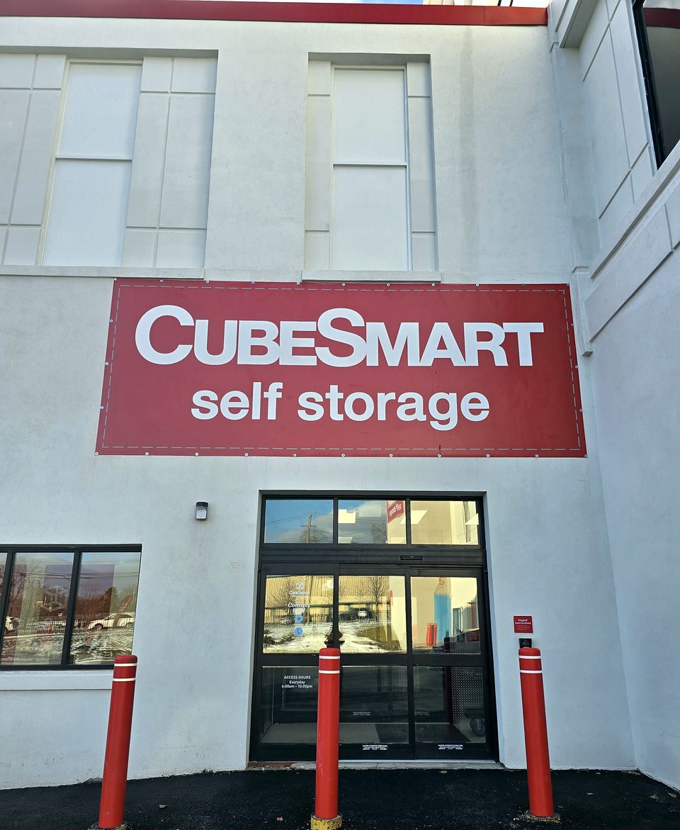 Self-storage conversion, Schenectady: entrance, signage and bollards