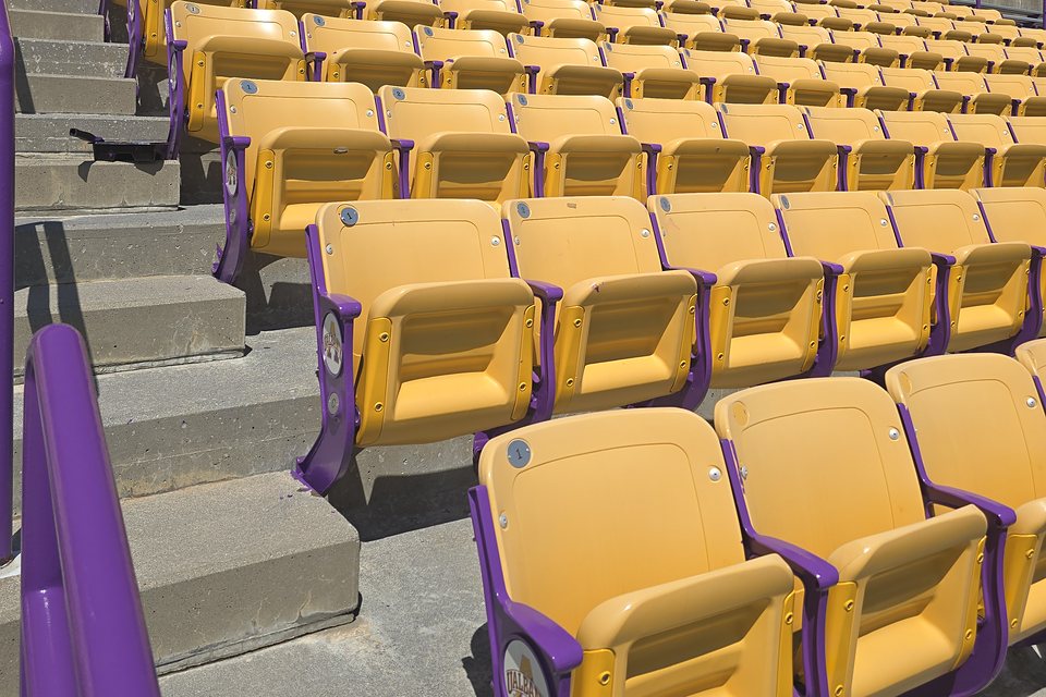 After — seat standards repainted in UAlbany purple