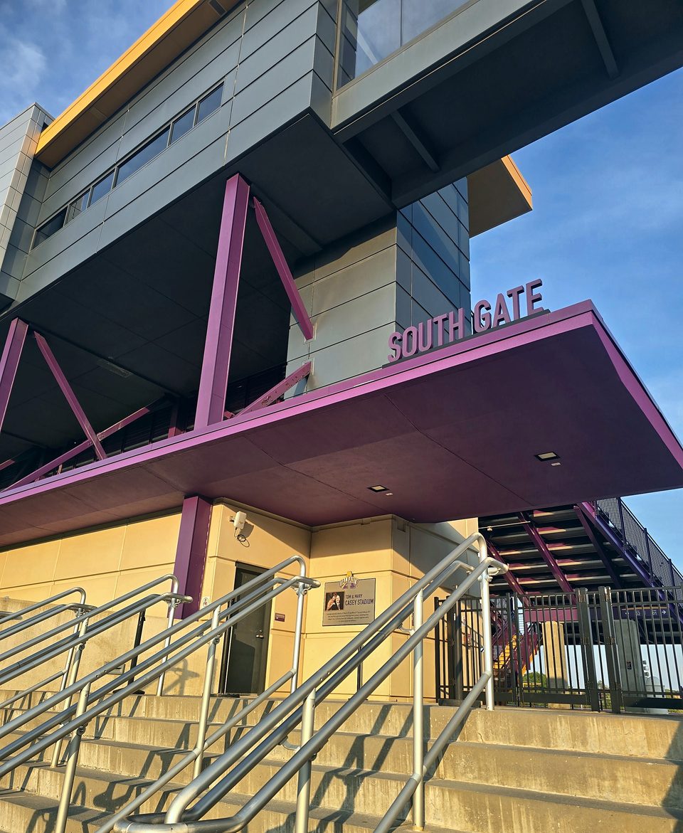 After: South Gate canopy, stair stringers and guardrails, August 2026