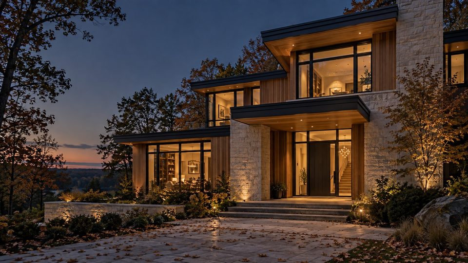 Concept rendering — a modern timber-and-stone home at dusk (AI-assisted visualization, not a completed project)