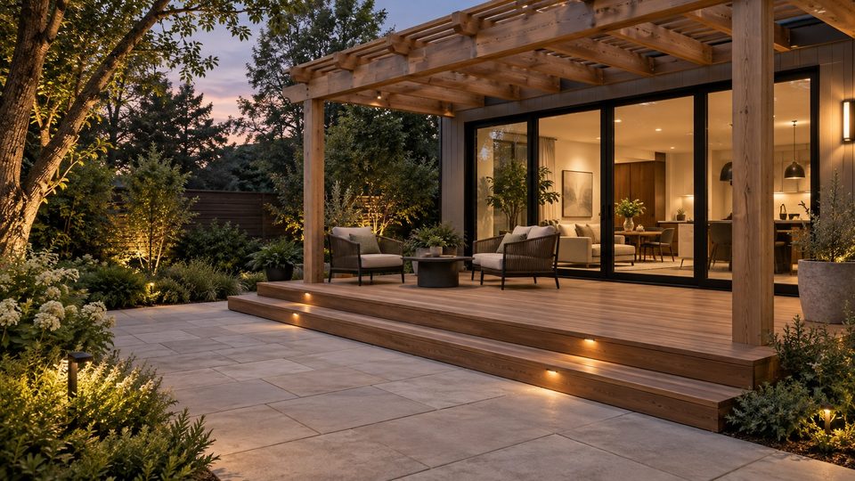 Concept rendering — deck, pergola and outdoor living at dusk (AI-assisted visualization)