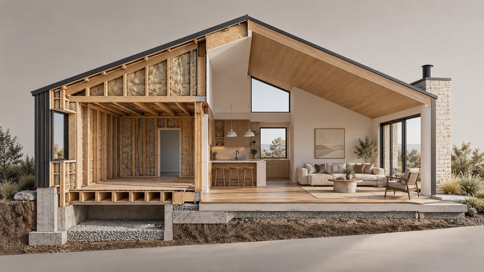 Concept illustration — from steel and timber structure to finished rooms (AI-assisted visualization)
