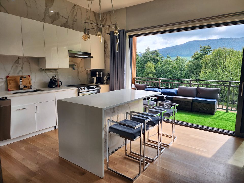 Roxbury NY — kitchen island with a mountain view, 2023