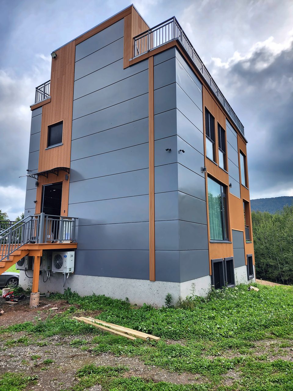 Modern gray house with wood accents — siding and trim, 2023